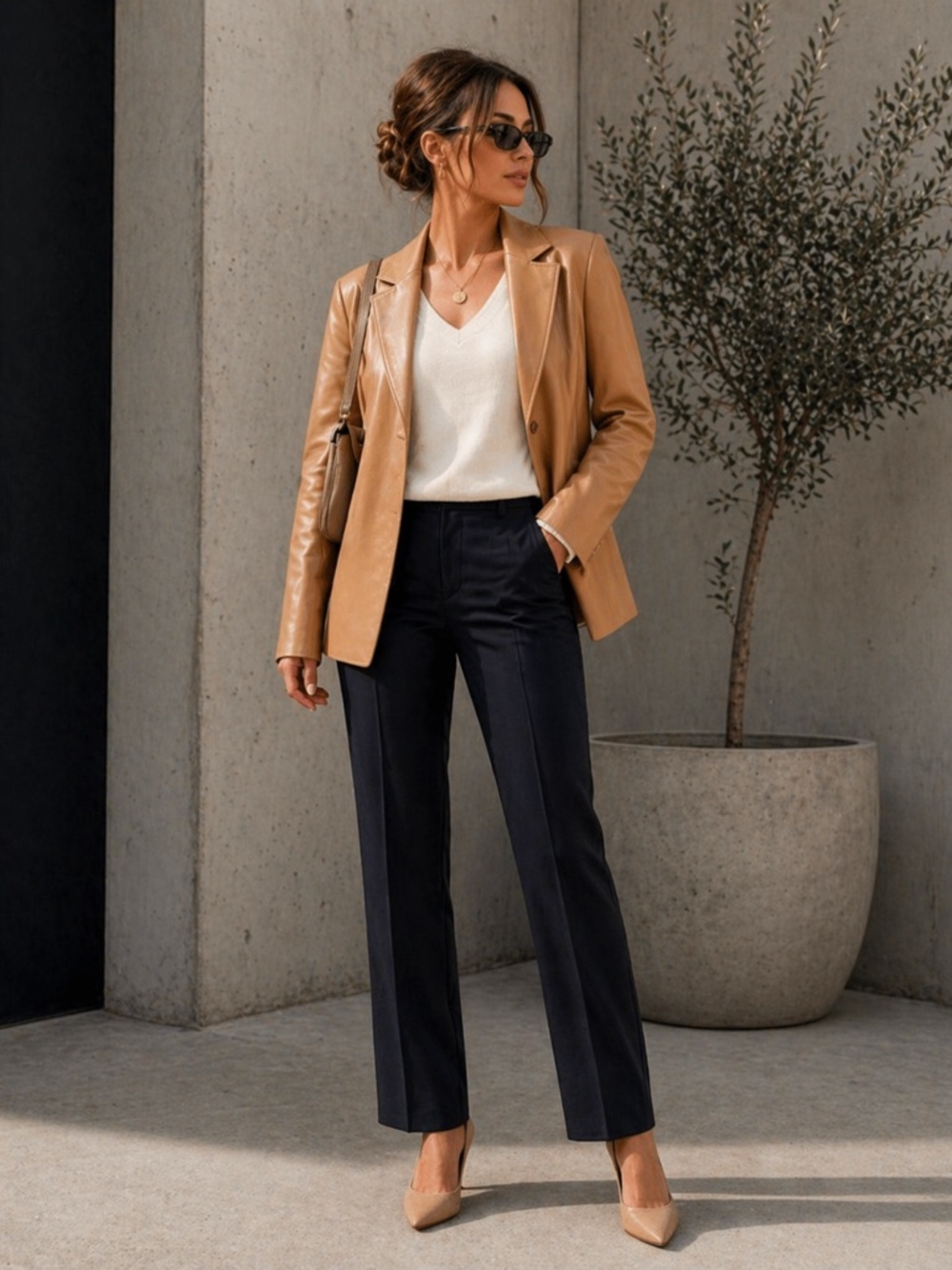 Tan Leather Blazer XS Genuine Lambskin Tailored Minimal Classic Jacket - Picture 2 of 8